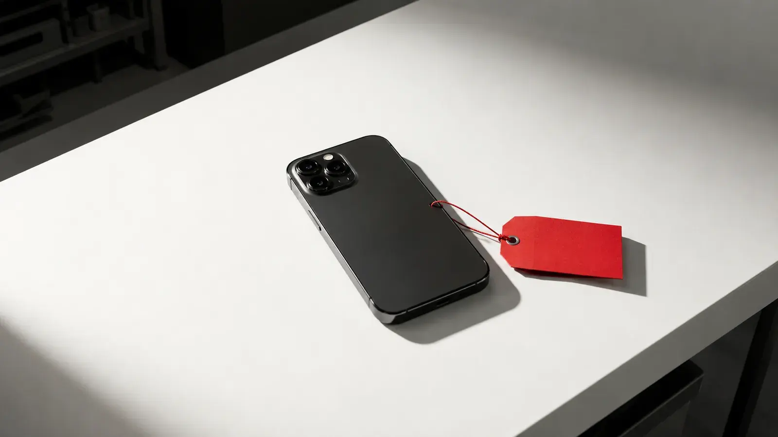 Un smartphone premium examiné comme une pièce à conviction, étiquette de prix rouge