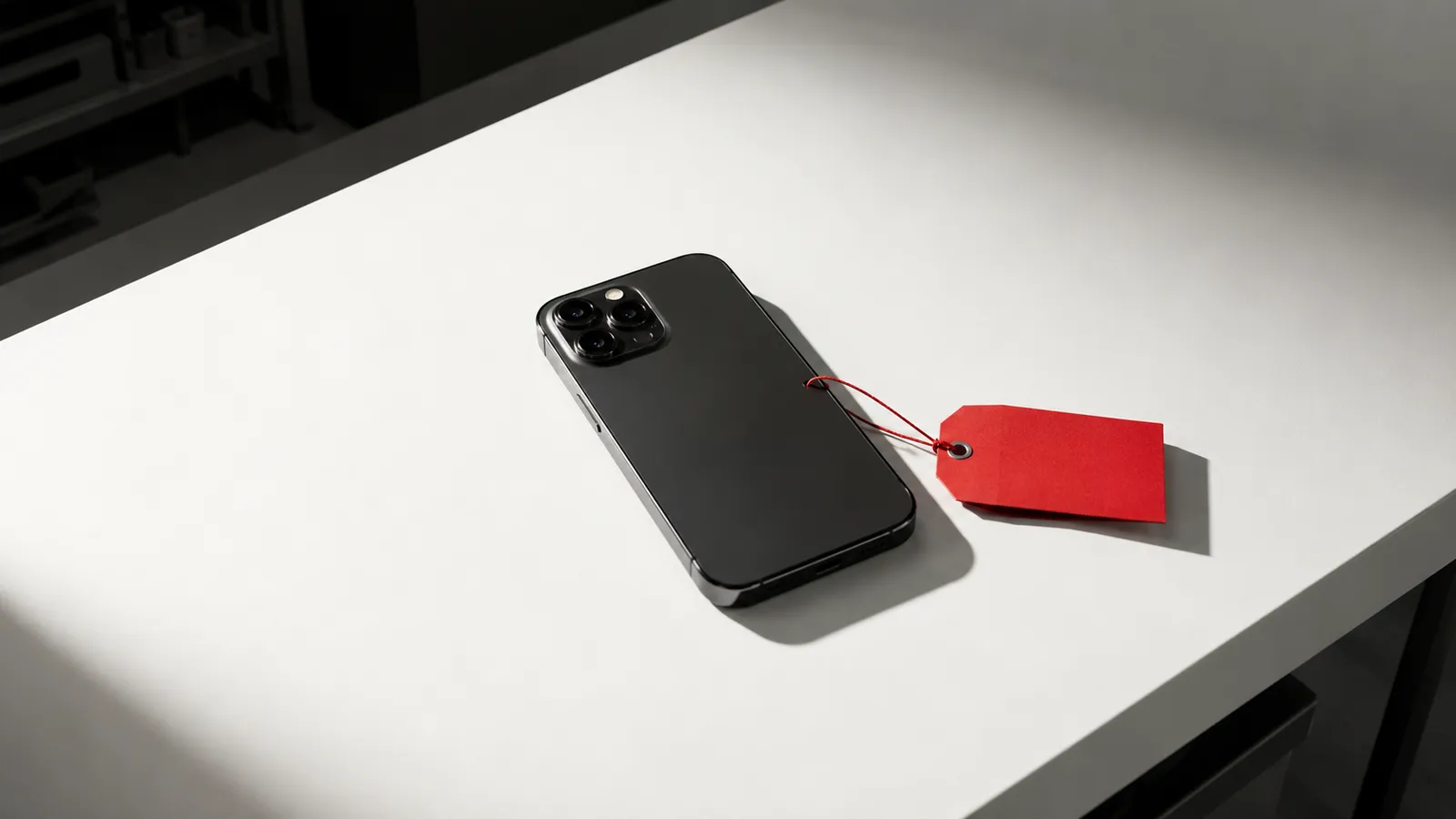 Un smartphone premium examiné comme une pièce à conviction, étiquette de prix rouge